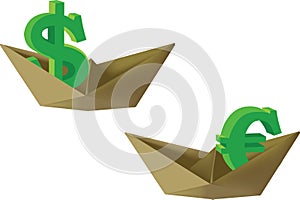 Paper boat with dollar and euro symbol