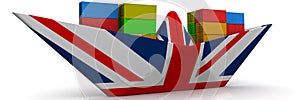 Paper boat from the flag of Great Britain with shipping containers