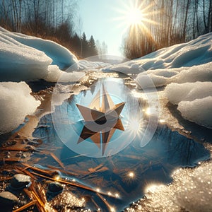 A paper boat gently floats amidst melting snow at sunset.