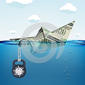 Paper boat made from dollar currency sinking in water