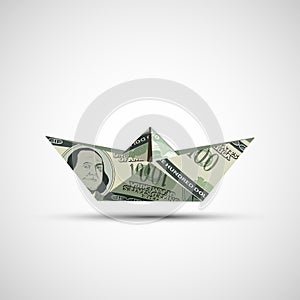 Paper boat made from dollar currency. Vector icon
