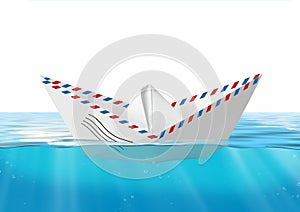 Paper boat made from mail envelope floating at sea, post concept