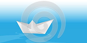 Paper boat origami on water wave background
