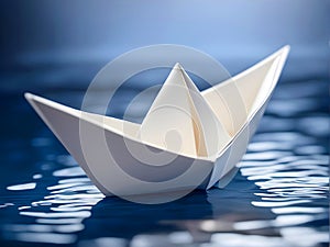 Paper boat sailing on blue water surface