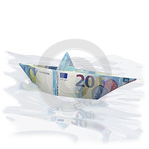 Paper boat of twenty euro bills