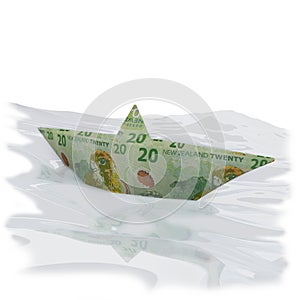 Paper boat with twenty new zealand dollar bills