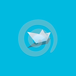 Paper boat vector illustration on bright cyan background. Symbol of creativity, journey, voyage, adventure.