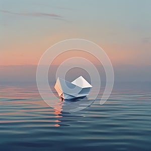 Paper boat on water, simplicity, wide shot, twilight hues , super realistic