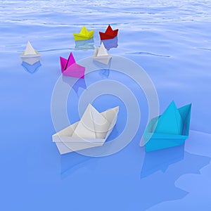 Paper boats, business concept of communication and leadership, 3d render, 3d illustration