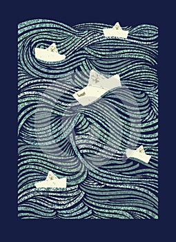 Paper boats sailing rough sea waves