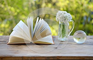 paper book, glass ball globe, bouquet of wild garlic flowers on old wooden table in garden, blurred natural landscape in