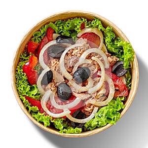 Paper bowl of salad with lettuce, tomatoes, bell peppers, canned tuna, black olives and marinated onions on white