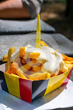 Paper box in colors of Belgian flag with fried potato frit chips and mayonnaise sauÑe
