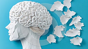 Paper Brain Conceptual Image of Human Head and Cognitive Function on a Calming Blue Background