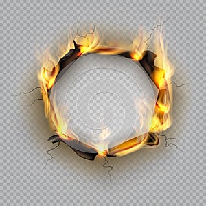 Paper burn hole. Flame edge effect burnt effect torn explode border destroyed page heat cracked frame. Vector paper fire