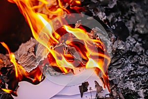 Paper burning on summer grass outdoors.