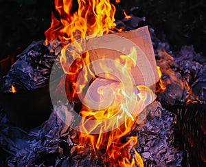 Paper burning on summer grass outdoors.