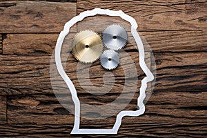 Paper Businessman`s Head Outline With Metallic Gears On Table