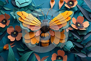 A paper butterfly perches delicately atop a cluster of vibrant flowers