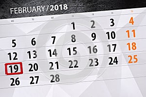 Paper calendar date 19 month February 2018