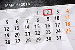 Paper calendar date 2 month March 2018