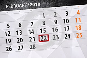 Paper calendar date 22 month February 2018