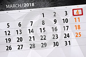 Paper calendar date 4 month March 2018