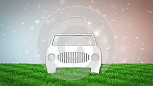 Paper car on grass field. 3D render animation