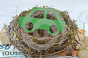 Paper car in nest on money background - Car insurance concept