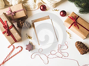 Paper card for letter, envelope and xmas decoration. Flat lay for Merry Christmas or Happy New Year. top view. Copy space