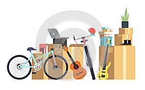 Paper cardboard boxes with various household thing. Family moving into new house. Cartoon vector concept