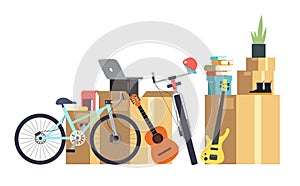 Paper cardboard boxes with various household thing. Family moving into new house. Cartoon vector concept photo