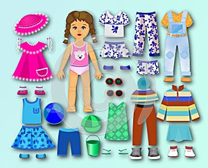 Paper, cardboard doll with clothes for children