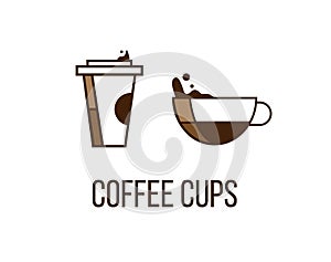 Paper and ceramic or glass cup filled with coffee. Cofee cups creative vector icons. Logo, design elements for cafe, coffee