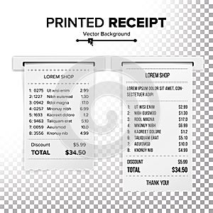 Paper Check Vector. Receipt Or Financial-check Isolated. Cafe, Shopping Or Restaurant Paper Financial Check. Realistic Illustratio