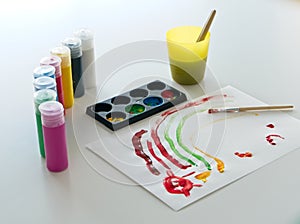 Paper with a child`s drawing with several containers of tempera paint and a plastic cup with water