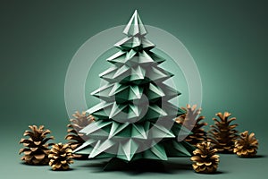 Paper Christmas tree. Origami paper craft for the New Year. 3D photo.