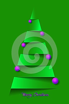 Paper christmas tree and pink purple christmas balls. Fashion Vector new year card in paper cut style, green background photo
