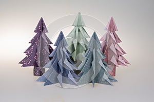 Paper Christmas winter pine tree ornament paper craft blue green pink handmade