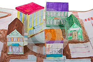 Paper city, glued and painted by child
