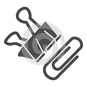Paper clip and binder solid icon, stationery concept, office attach clip set sign on white background, Metal clamp and