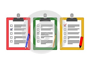 Paper clip boards with questionnaires with marks