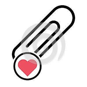 Paper clip with red heart, black color isolated on white background. School element vector