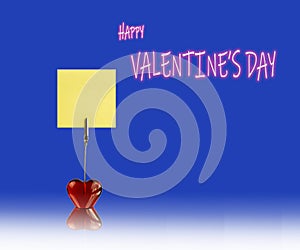 Paper clip with red heart shape and color paper for notes with  happy valentine`s day neon lettering