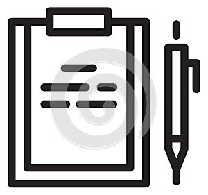 Paper on clipboard with pen. Document line icon