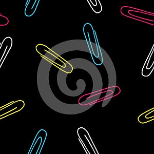 Paper clips of different colors seamless pattern. Vector background. Hand drawn color clips