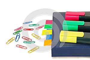 Paper clips, markers, notebook with tabs