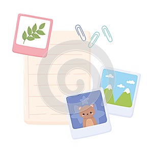 Paper clips note and photos element for work office top view design