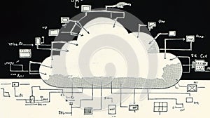 Paper cloud icon on retro abstract circuit diagram representing modern cloud computing and digital data technology