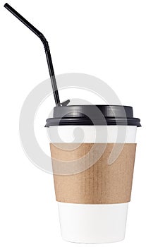 Paper coffee cup with black cocktail tube or straw isolated on white background